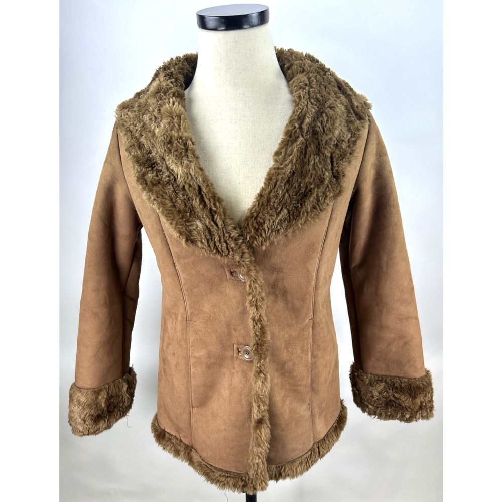 ST. JOHNS BAY Women's Brown Faux Suede Button Down Jacket Faux Fur Lined Size Sm